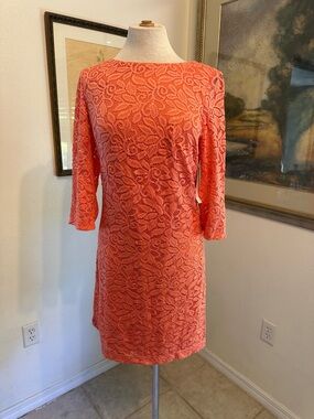 NWT Studio One New York Coral Lace Shift Dress with 3/4 Sleeve Size 10